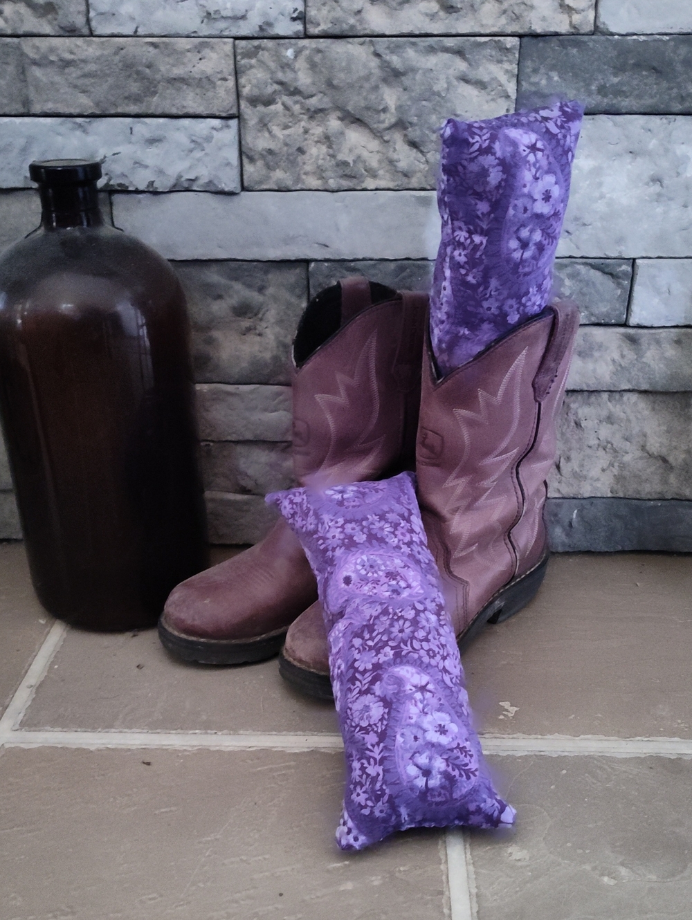 Boot Pillows In A purple Paisley Cotton Fabric Handsewn